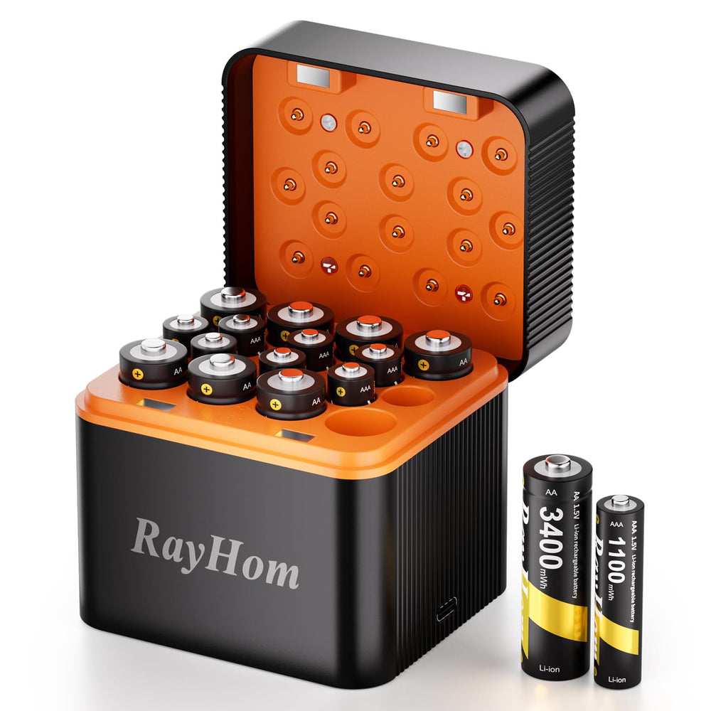 RayHom front view of charger and batteries showing organized storage and convenience
