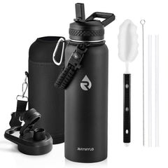 RAYMYLO bottle front view showing 40 oz capacity and powder coat benefit