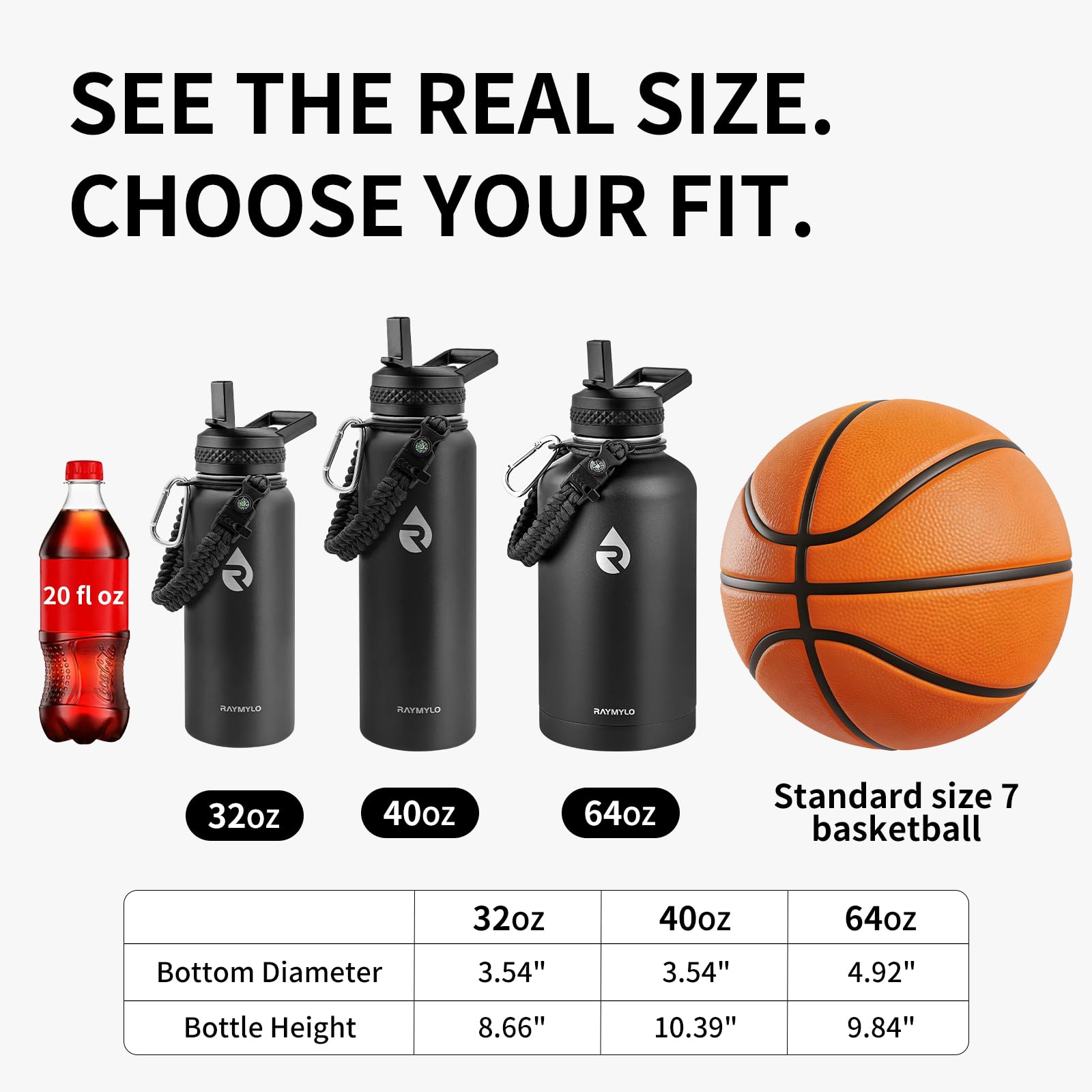 RAYMYLO bottle held to illustrate 40 oz size and single-hand portability benefit