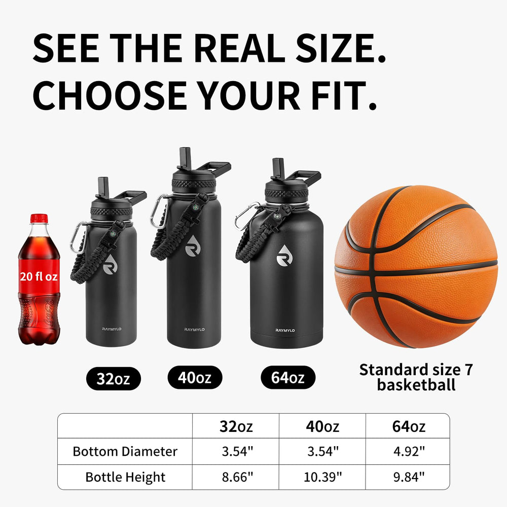RAYMYLO bottle held to illustrate 40 oz size and single-hand portability benefit