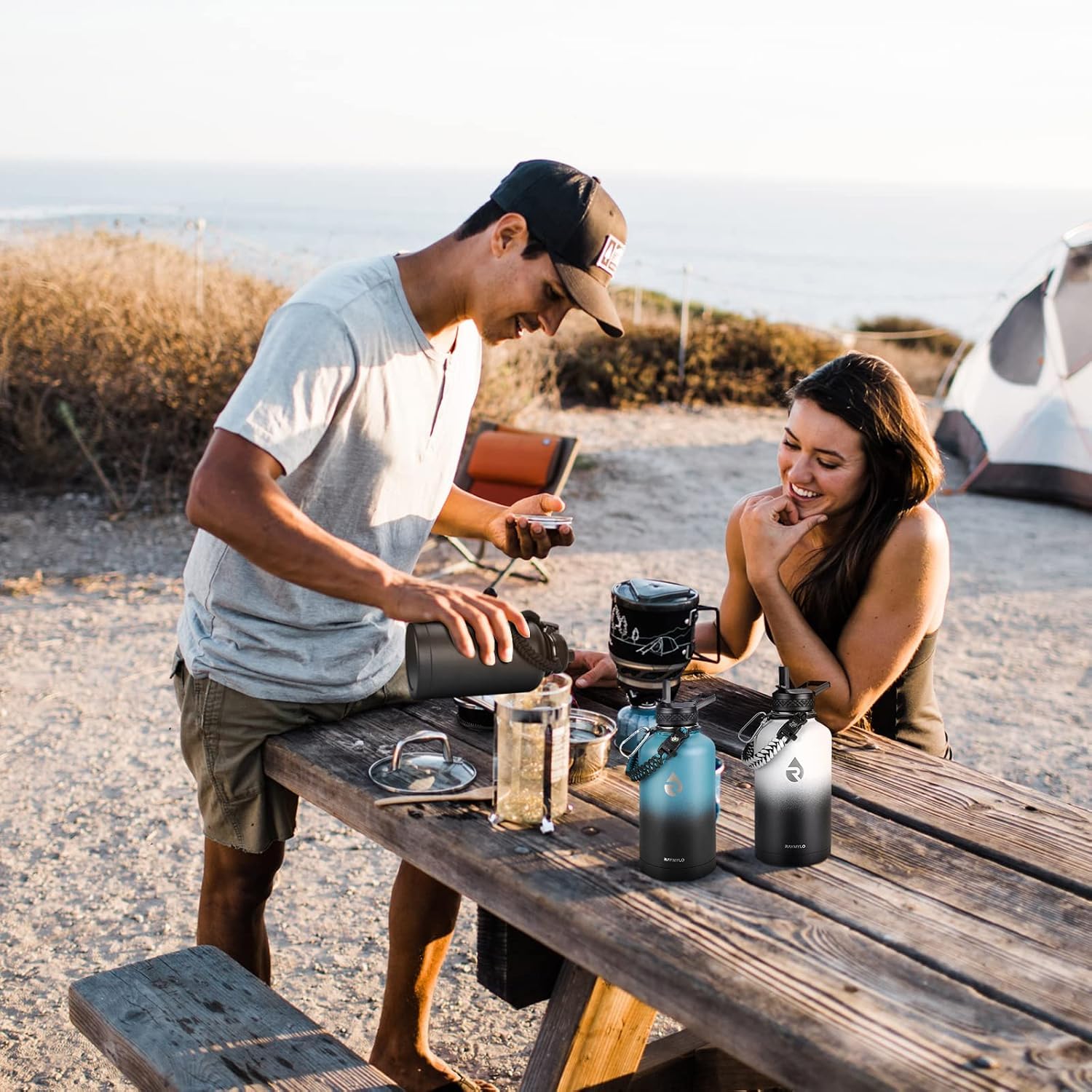 RAYMYLO bottle in a hiking setting showing durable carry for long outings