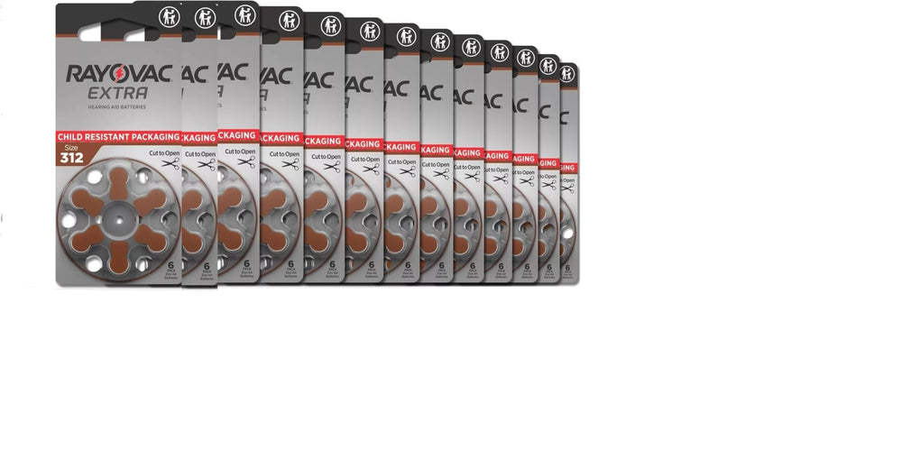 Rayovac close-up of single 312 battery cell showing tab and clear labeling for easy insertion