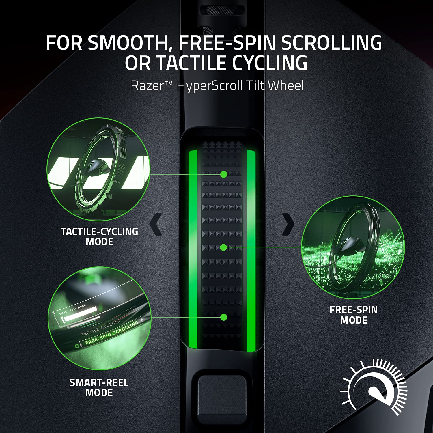 Razer Basilisk V3 hyperscroll wheel close-up showing dual-mode scrolling versatility