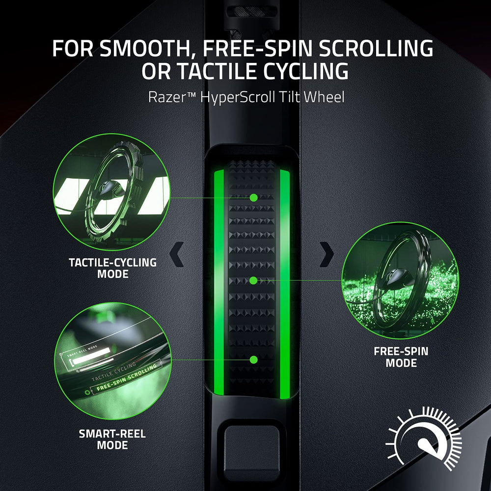 Razer Basilisk V3 hyperscroll wheel close-up showing dual-mode scrolling versatility