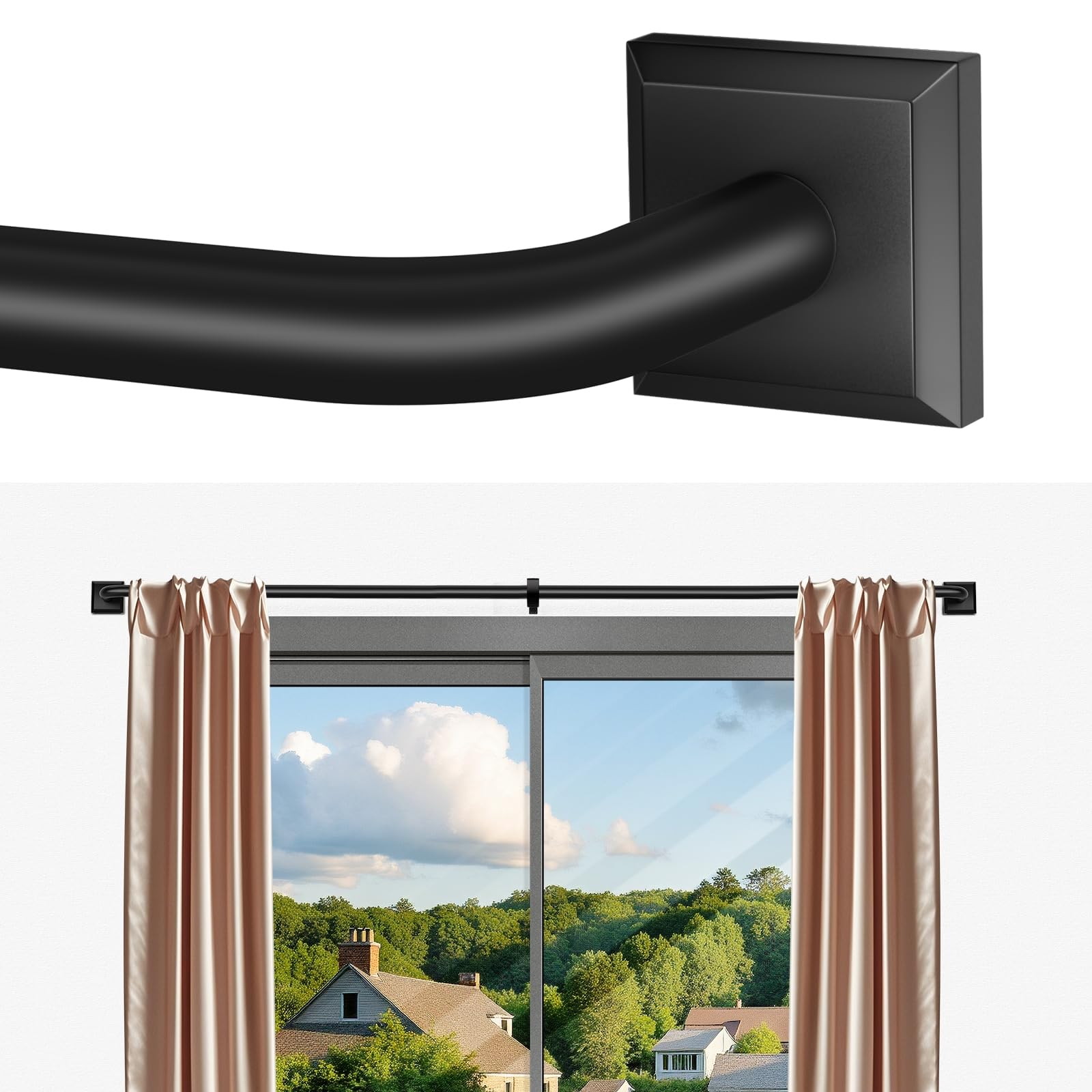 RBYCOS curtain rod front view showing sleek matte black finish and packaging benefit of style