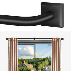 RBYCOS curtain rod front view showing sleek matte black finish and packaging benefit of style