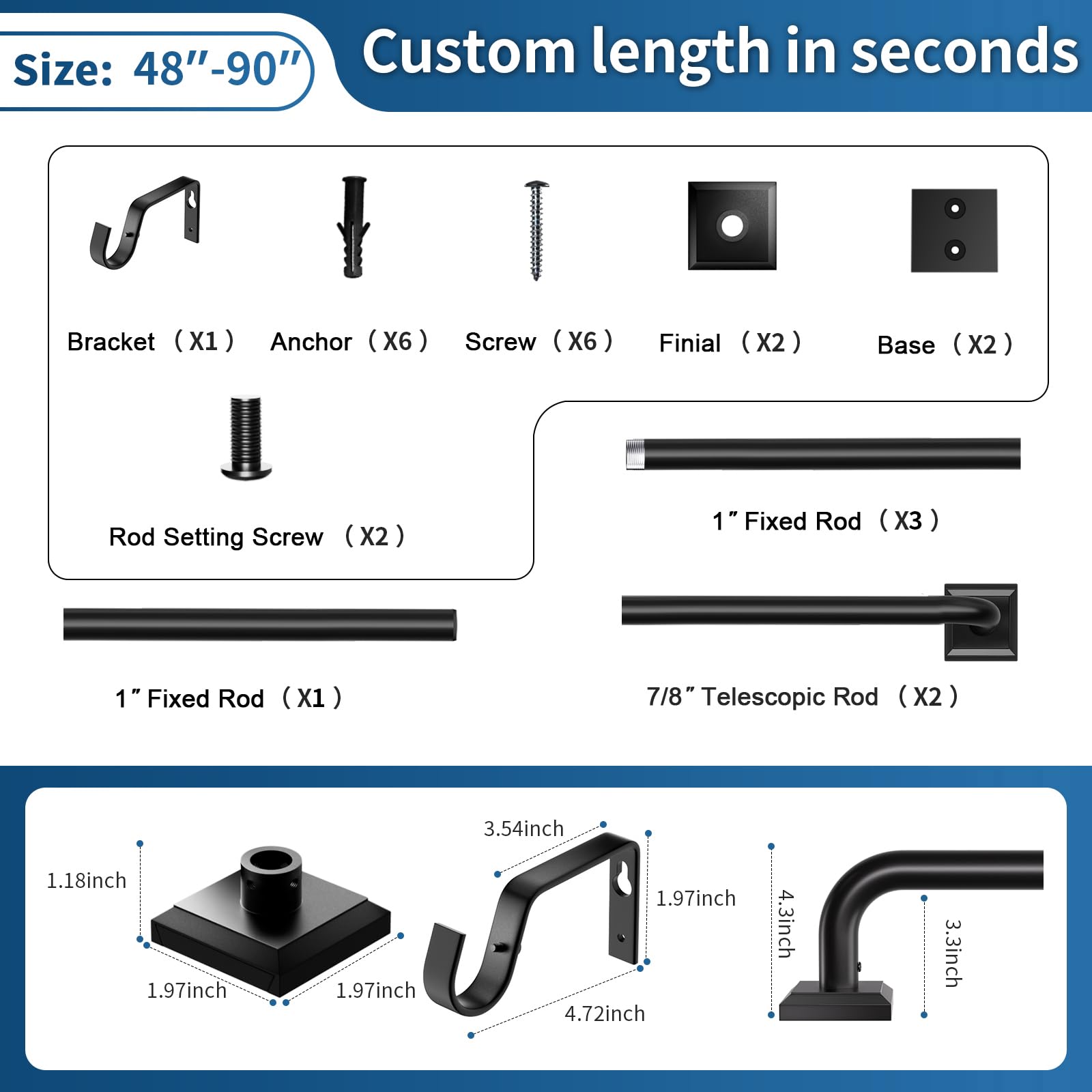 RBYCOS rod beside tape measure showing adjustable 48–90 inch length for correct fit