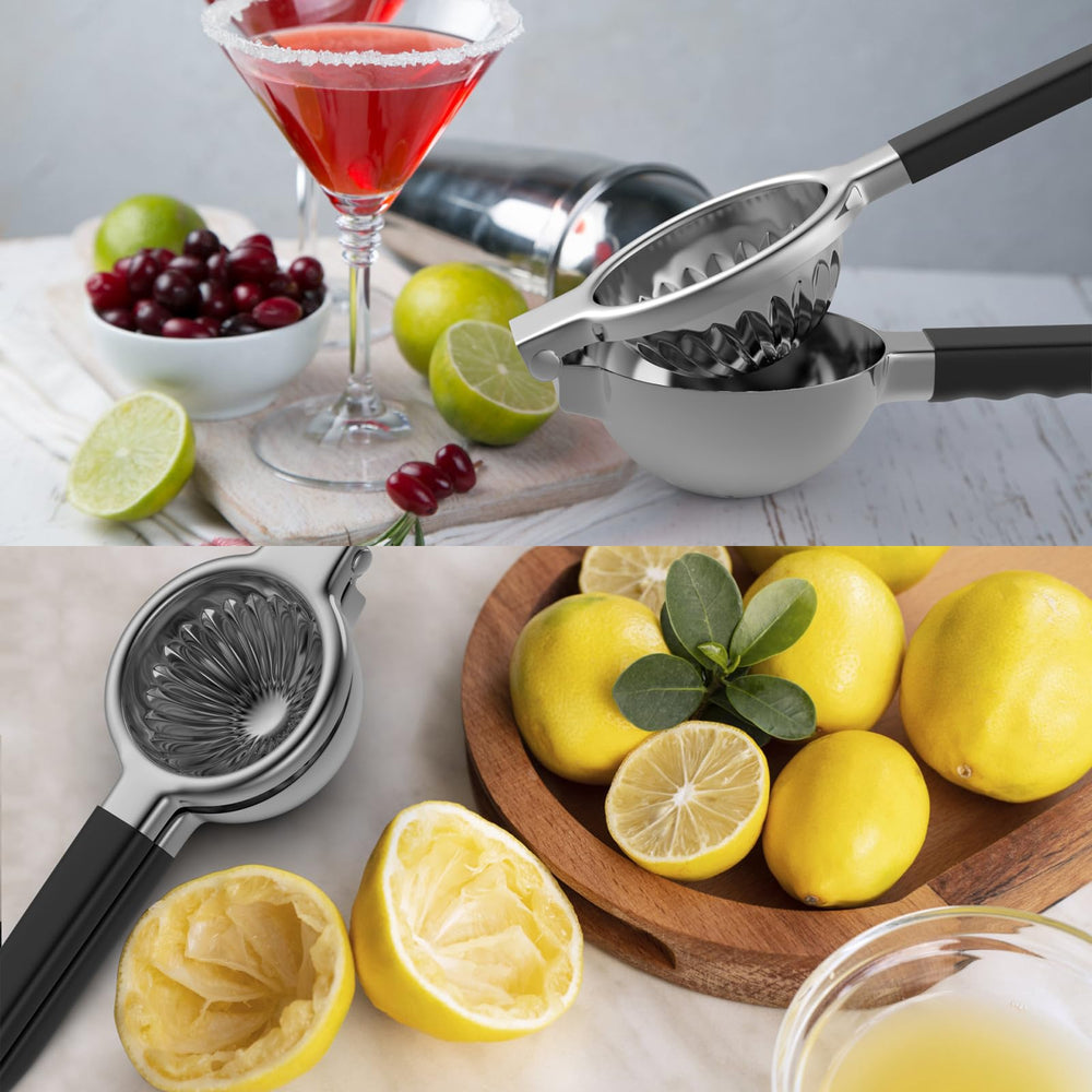 RCMo juicer in use pouring fresh lemon juice into a glass for quick prep