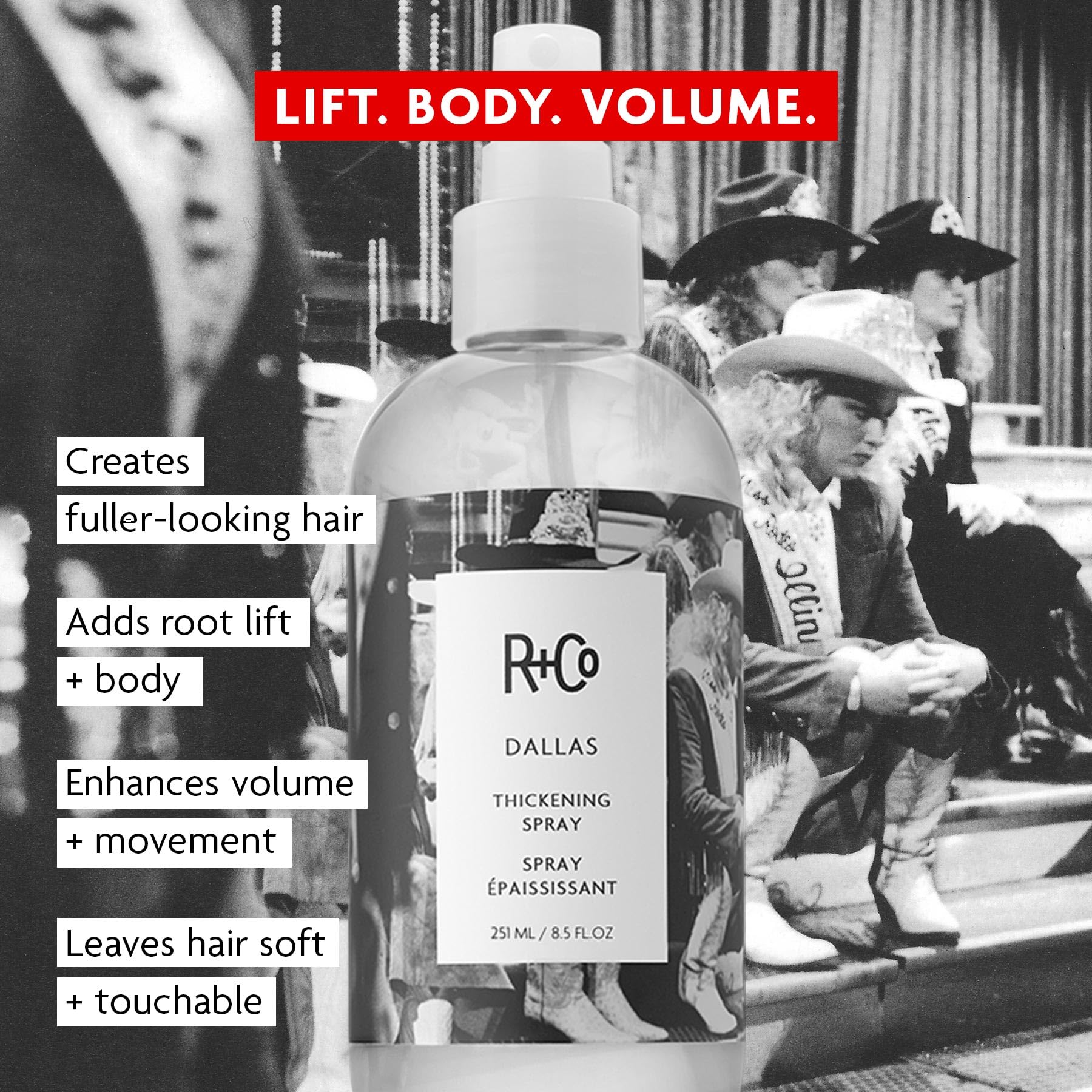 R+Co DALLAS being sprayed into hair for root lift and instant volume during styling