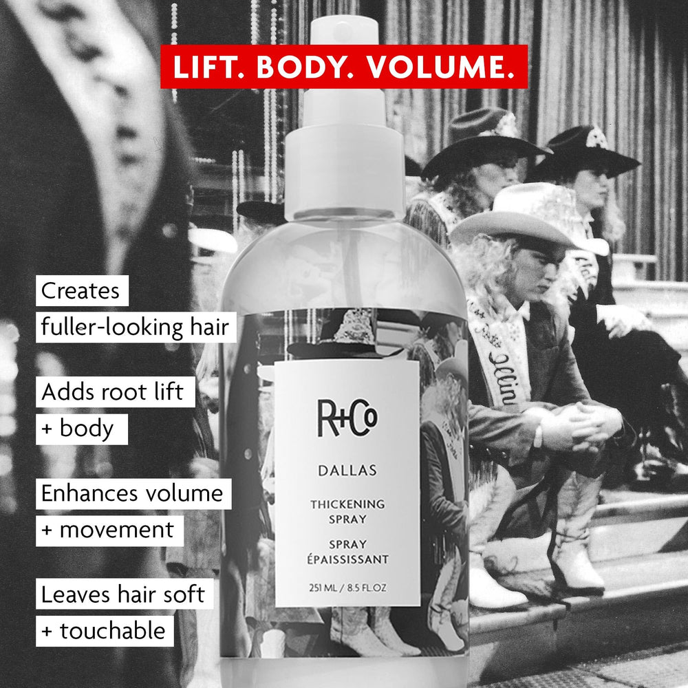 R+Co DALLAS being sprayed into hair for root lift and instant volume during styling