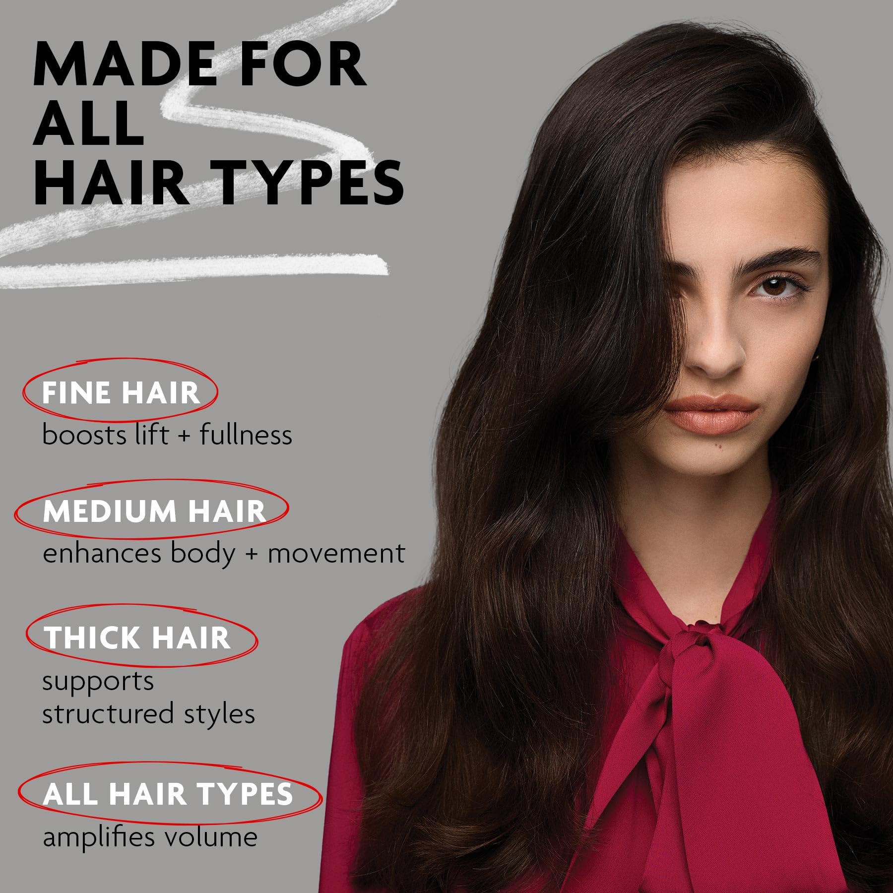 Model blow-drying hair after using R+Co DALLAS to demonstrate voluminous, smooth finish