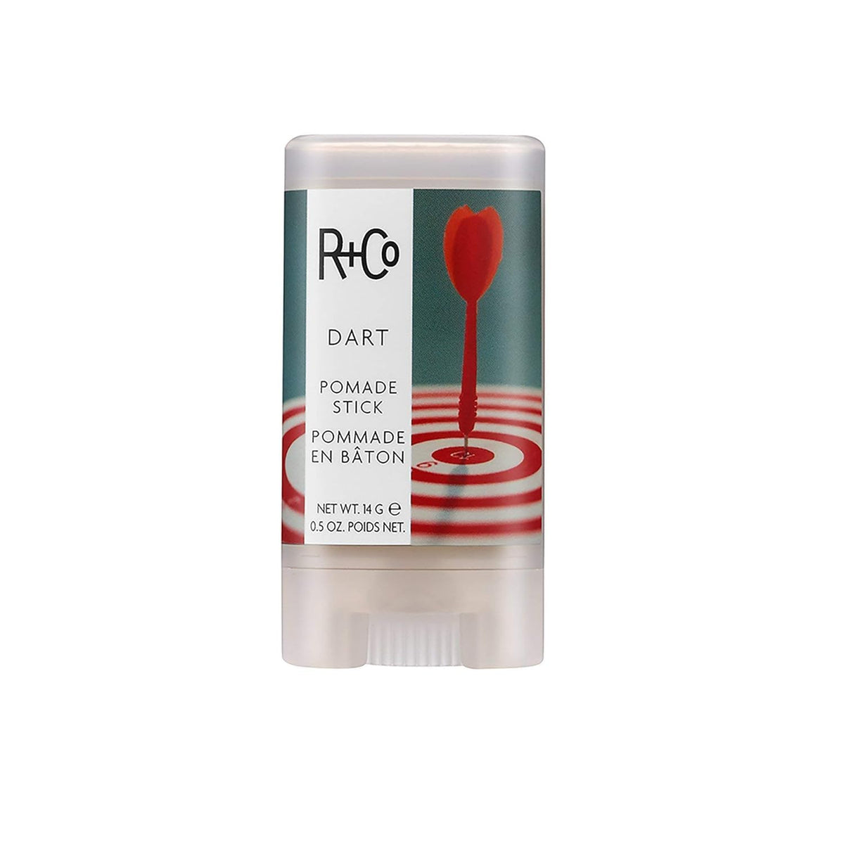R+Co DART pomade stick front view showing compact tube and label for precise styling