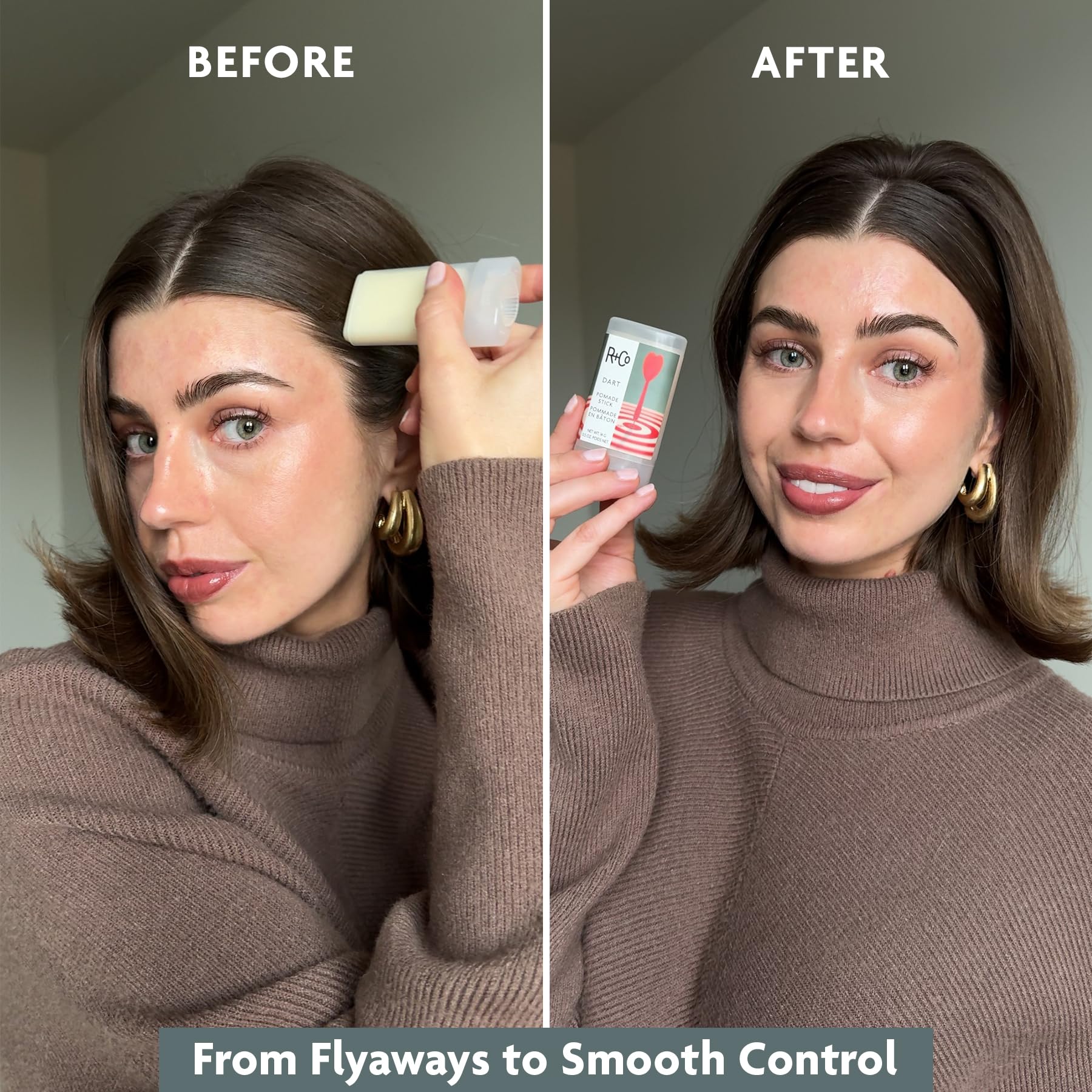 R+Co DART used to smooth a bun and sleek ponytail demonstrating glossy control