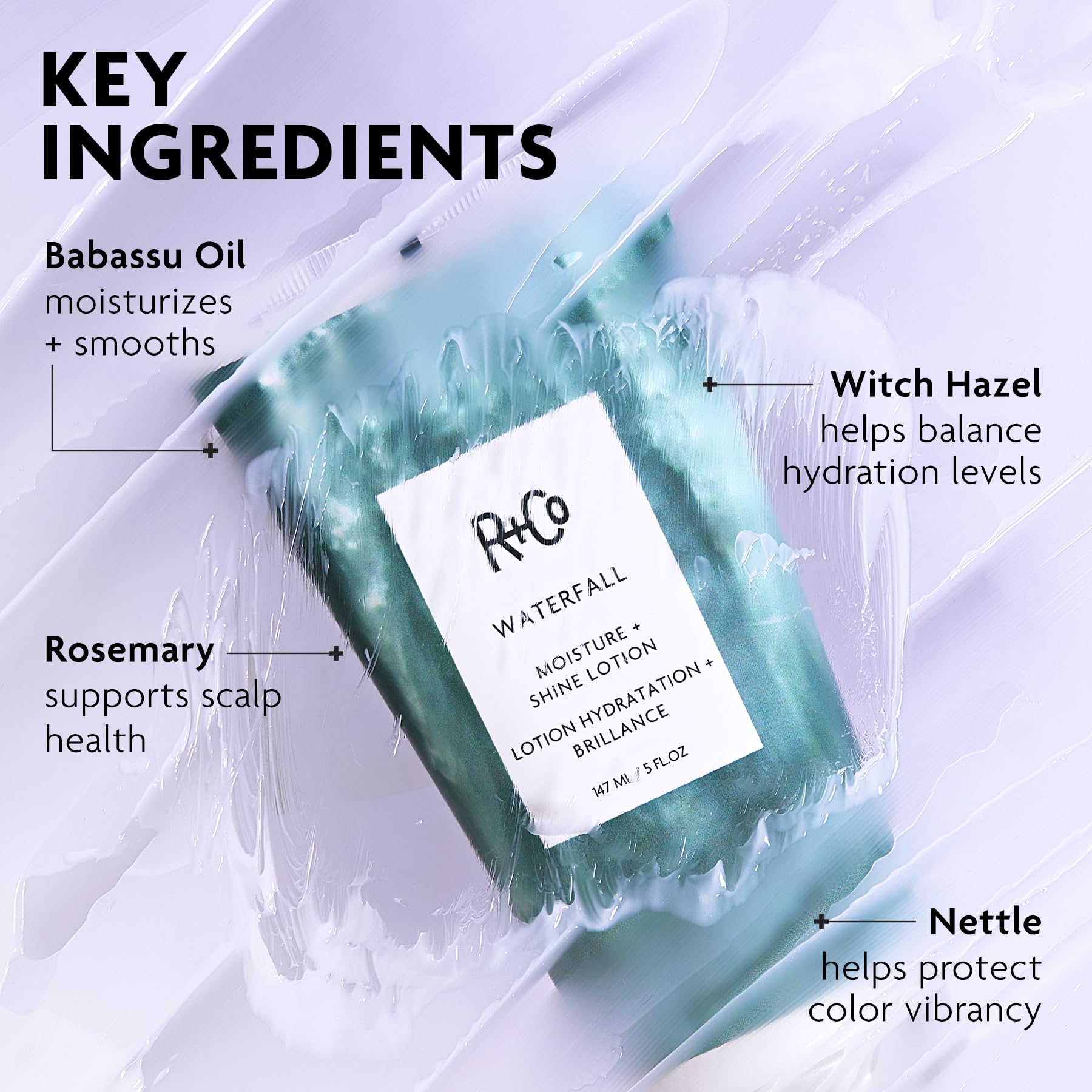 R+Co WATERFALL being applied to damp hair highlighting smooth distribution and frizz control