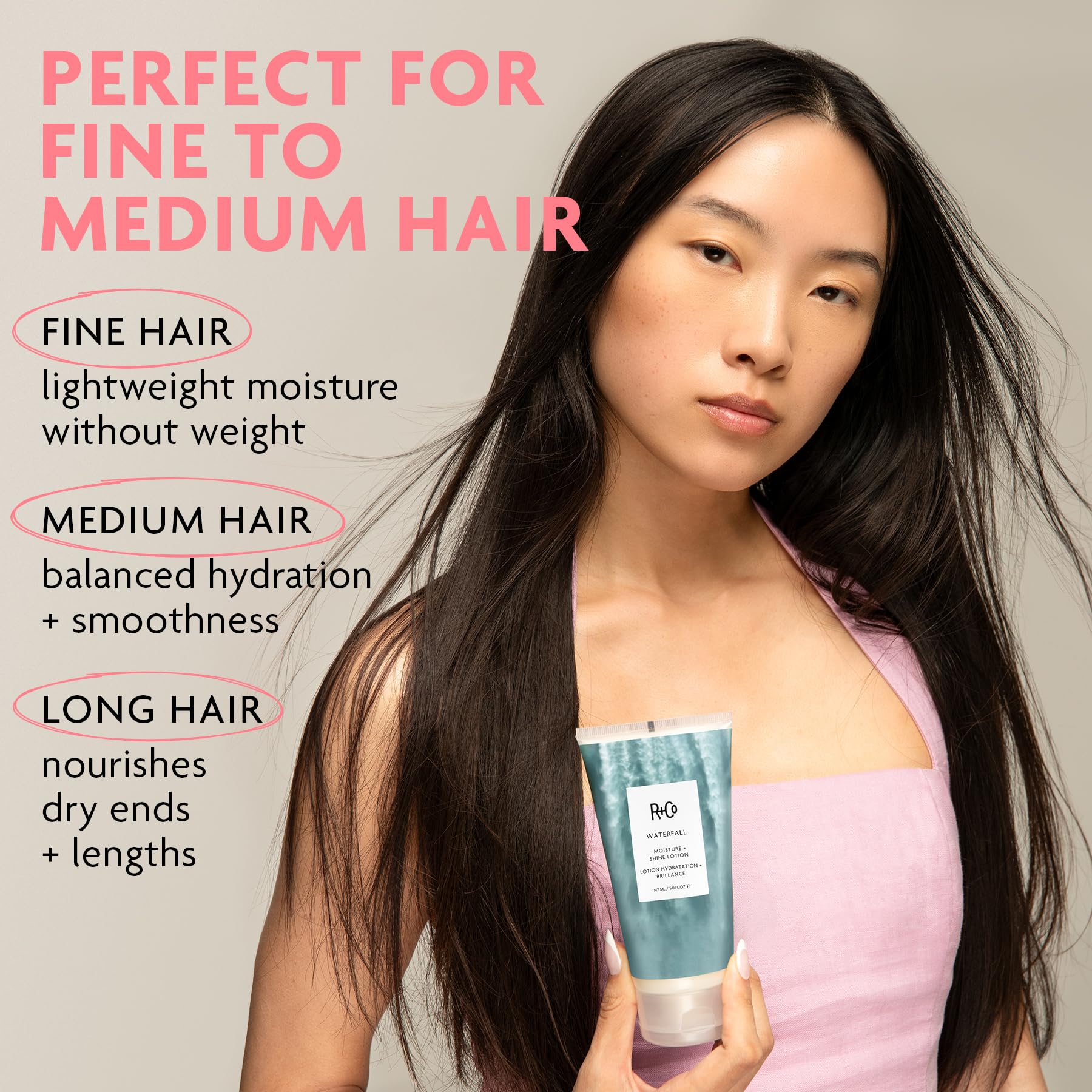 R+Co WATERFALL before and after on hair ends showing improved gloss and conditioned finish