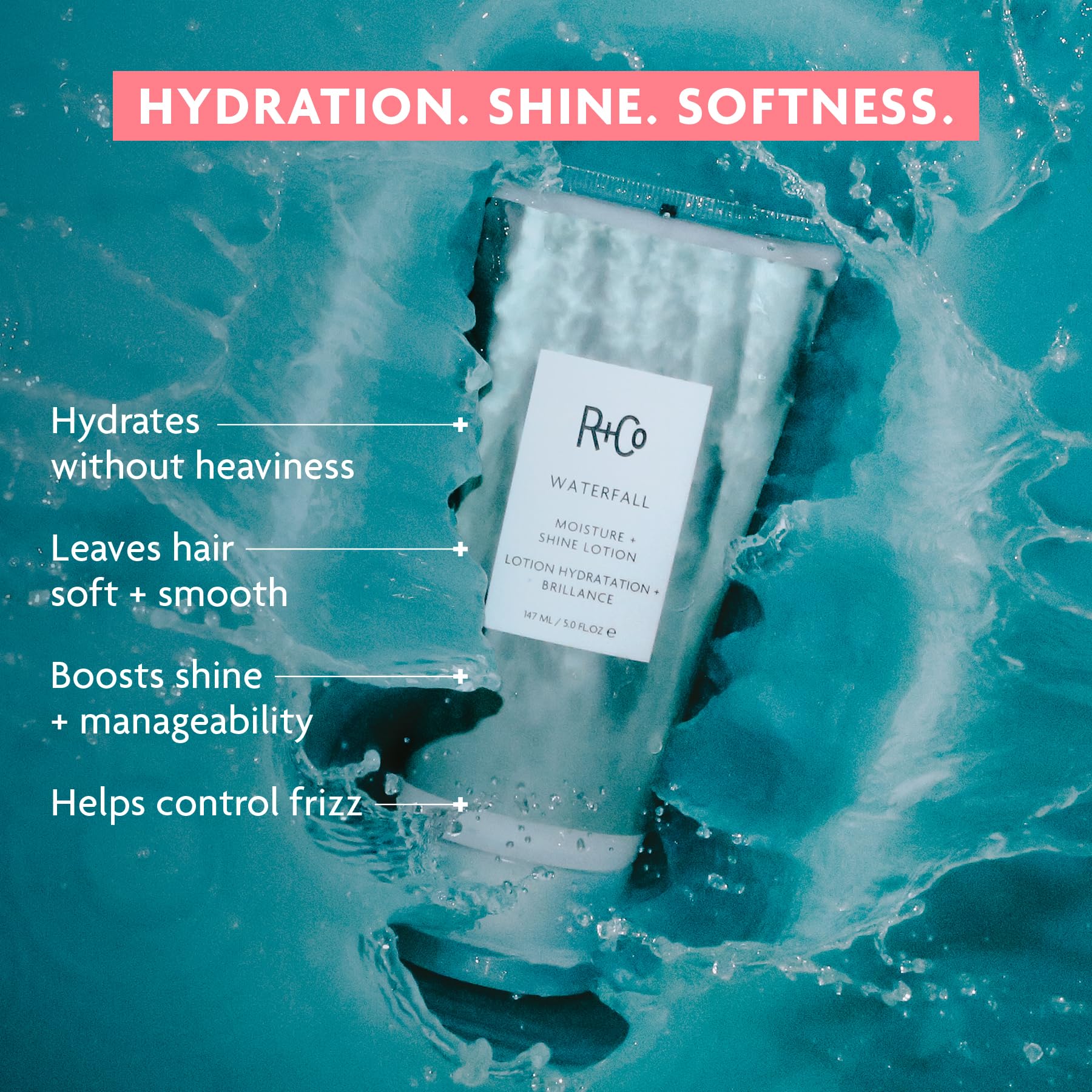 R+Co WATERFALL pump dispenser detail for easy dosing and mess-free application benefit