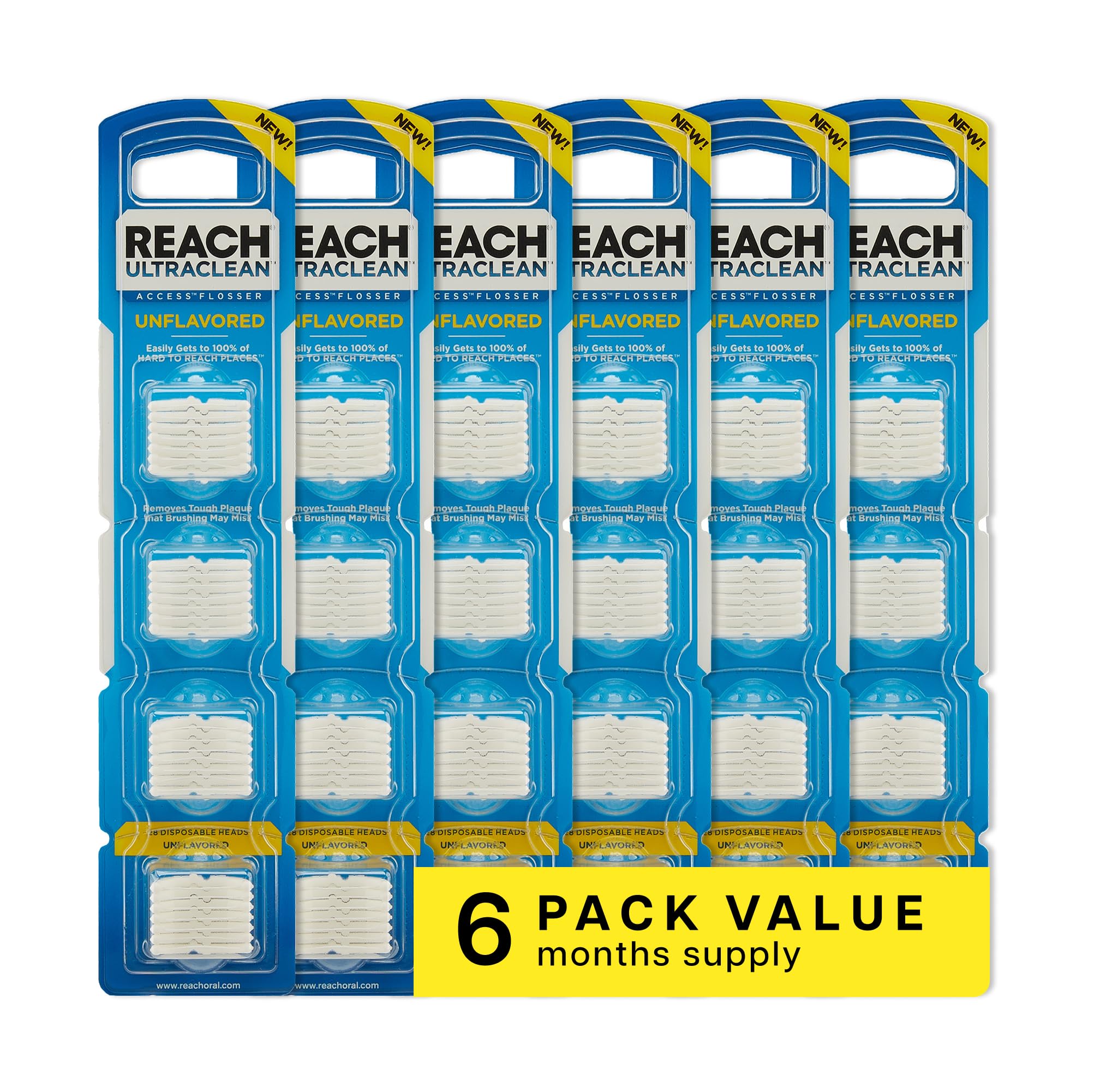 REACH front packaging showing 28 refill heads and clear benefits