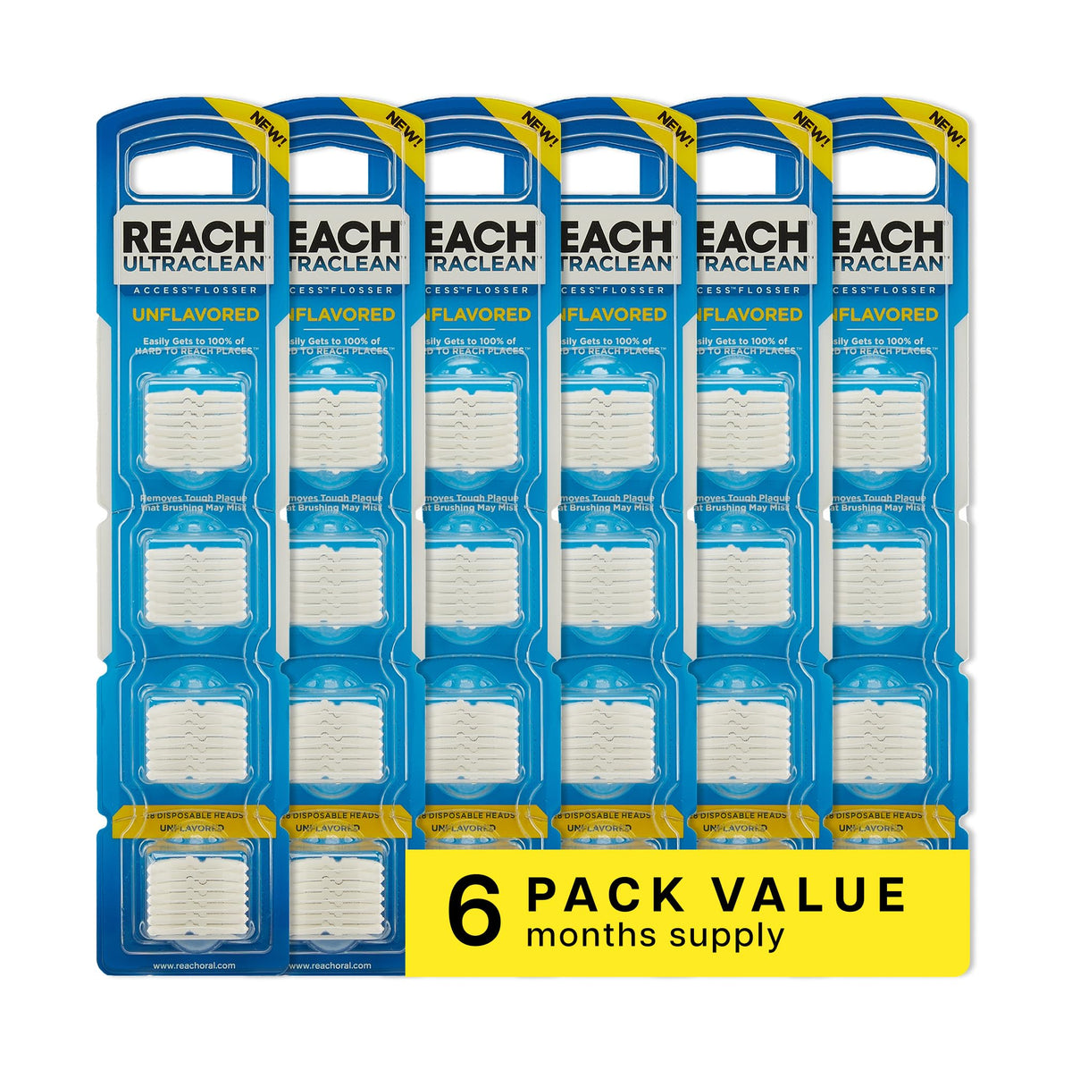 REACH front packaging showing 28 refill heads and clear benefits