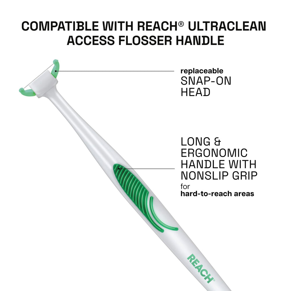 REACH flosser head in hand for easy replacement and better control