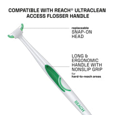 REACH flosser head in hand for easy replacement and better control