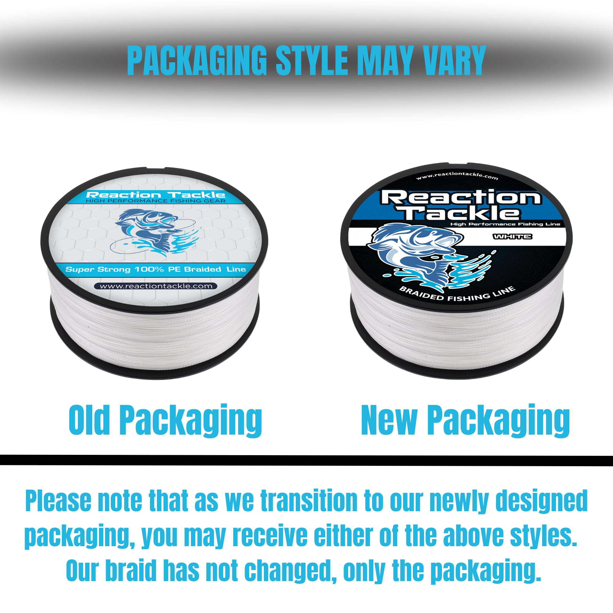 Reaction Tackle spool side label showing test and yardage for quick identification benefit