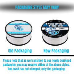 Reaction Tackle spool side label showing test and yardage for quick identification benefit
