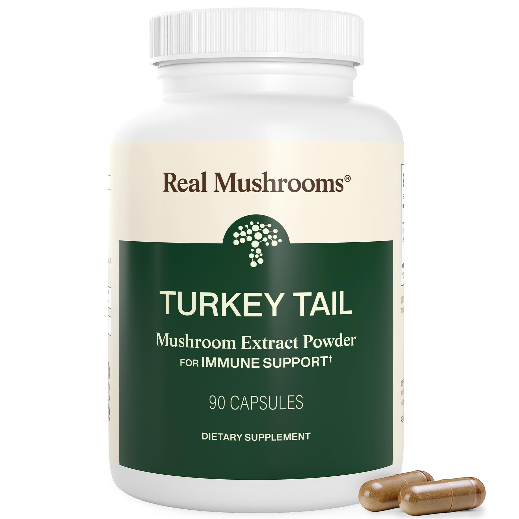 Real Mushrooms front packaging showing bottle and clean-label benefits