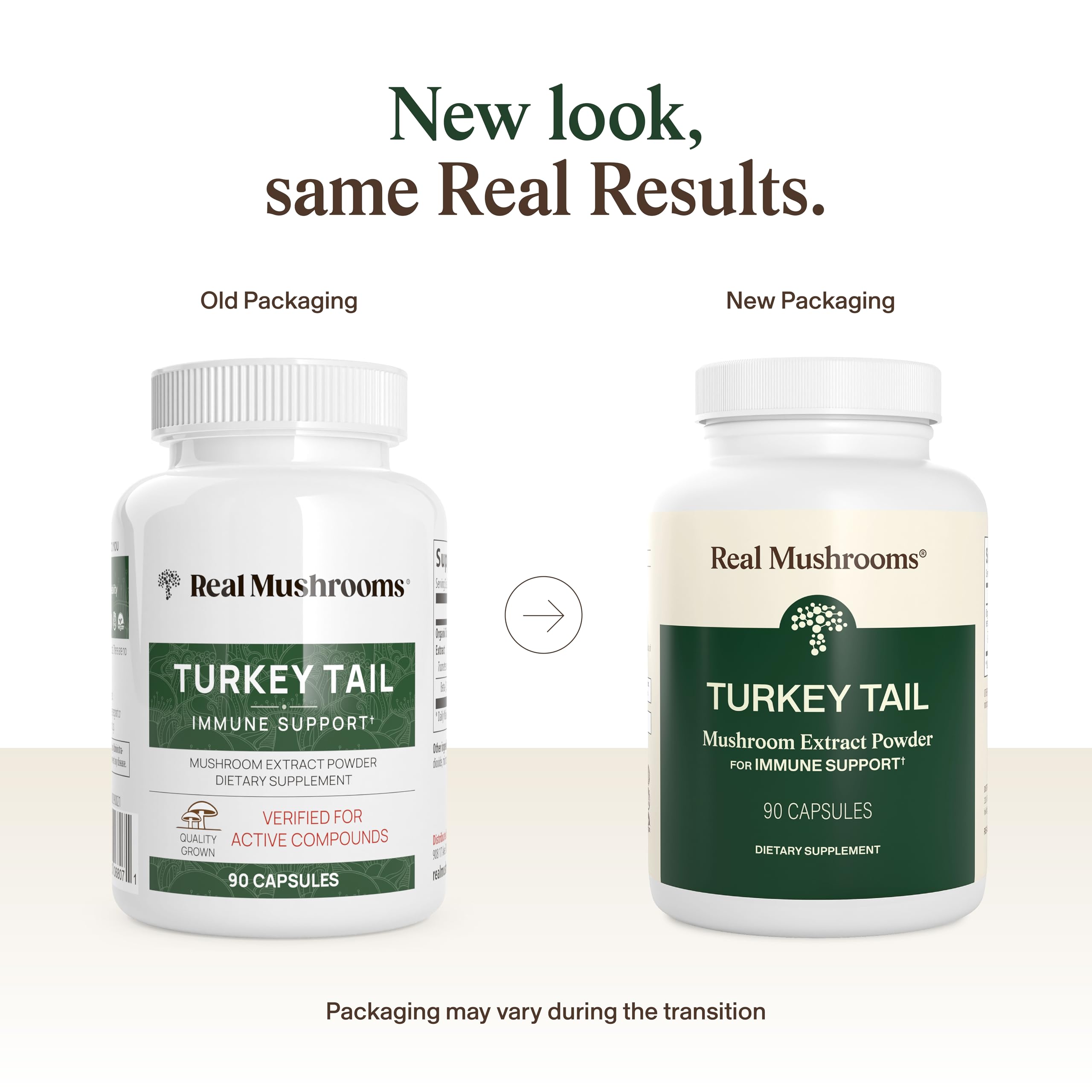 Real Mushrooms open bottle spilling capsules illustrating easy daily use