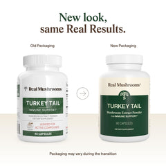 Real Mushrooms open bottle spilling capsules illustrating easy daily use