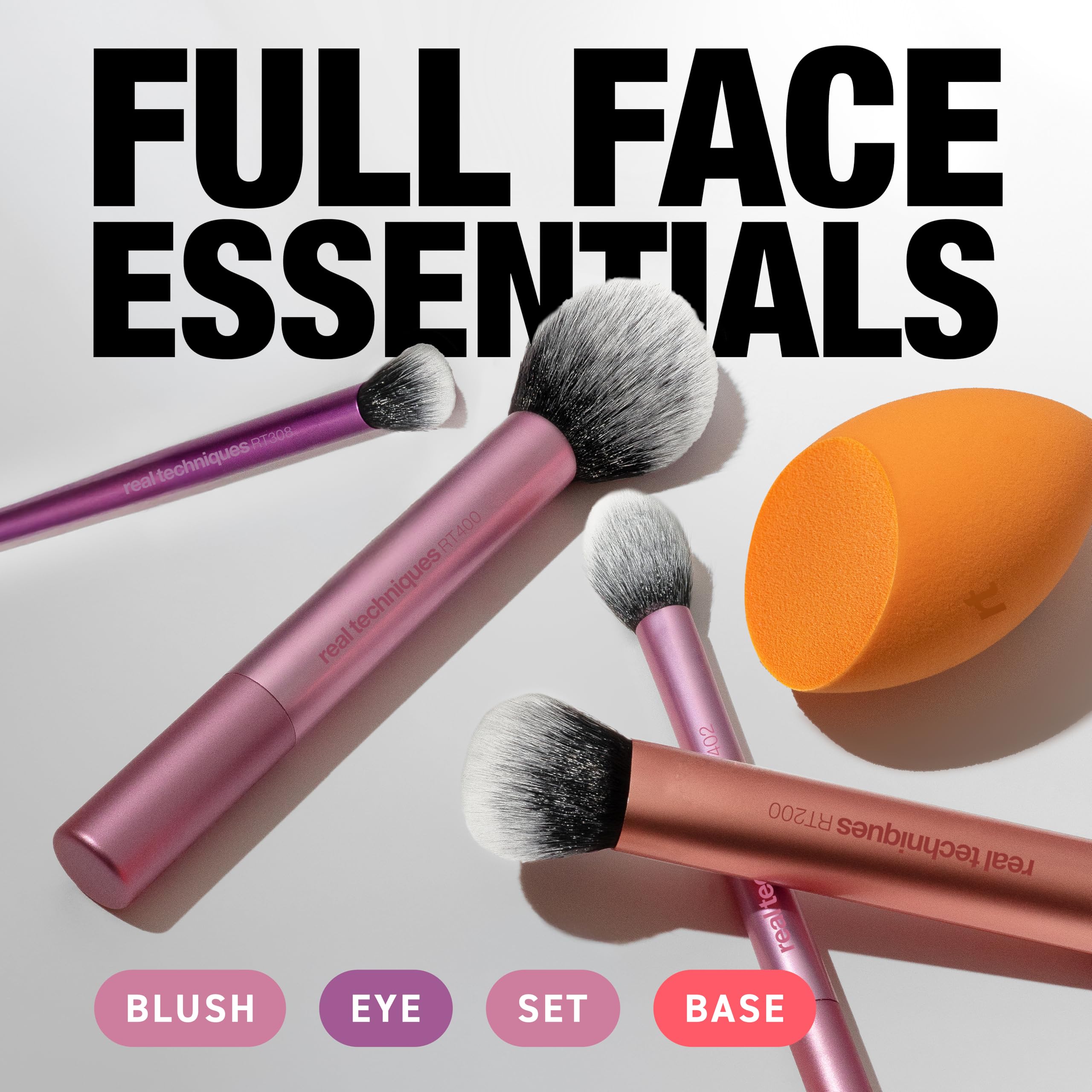 Real Techniques brushes laid out for a complete everyday makeup routine