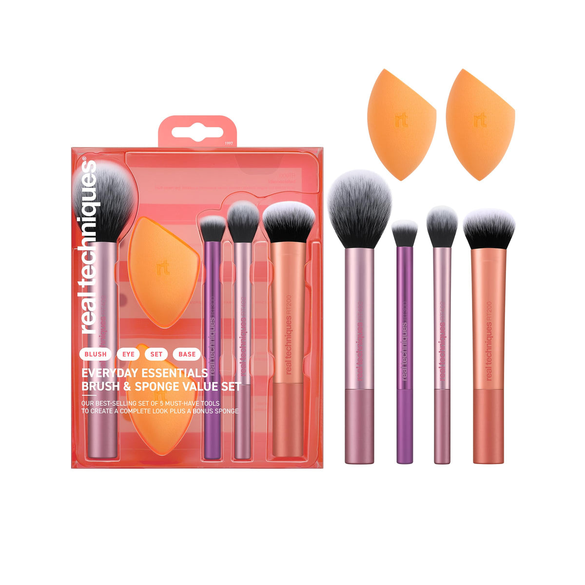 Real Techniques front packaging showcasing the six-piece vegan kit and benefits
