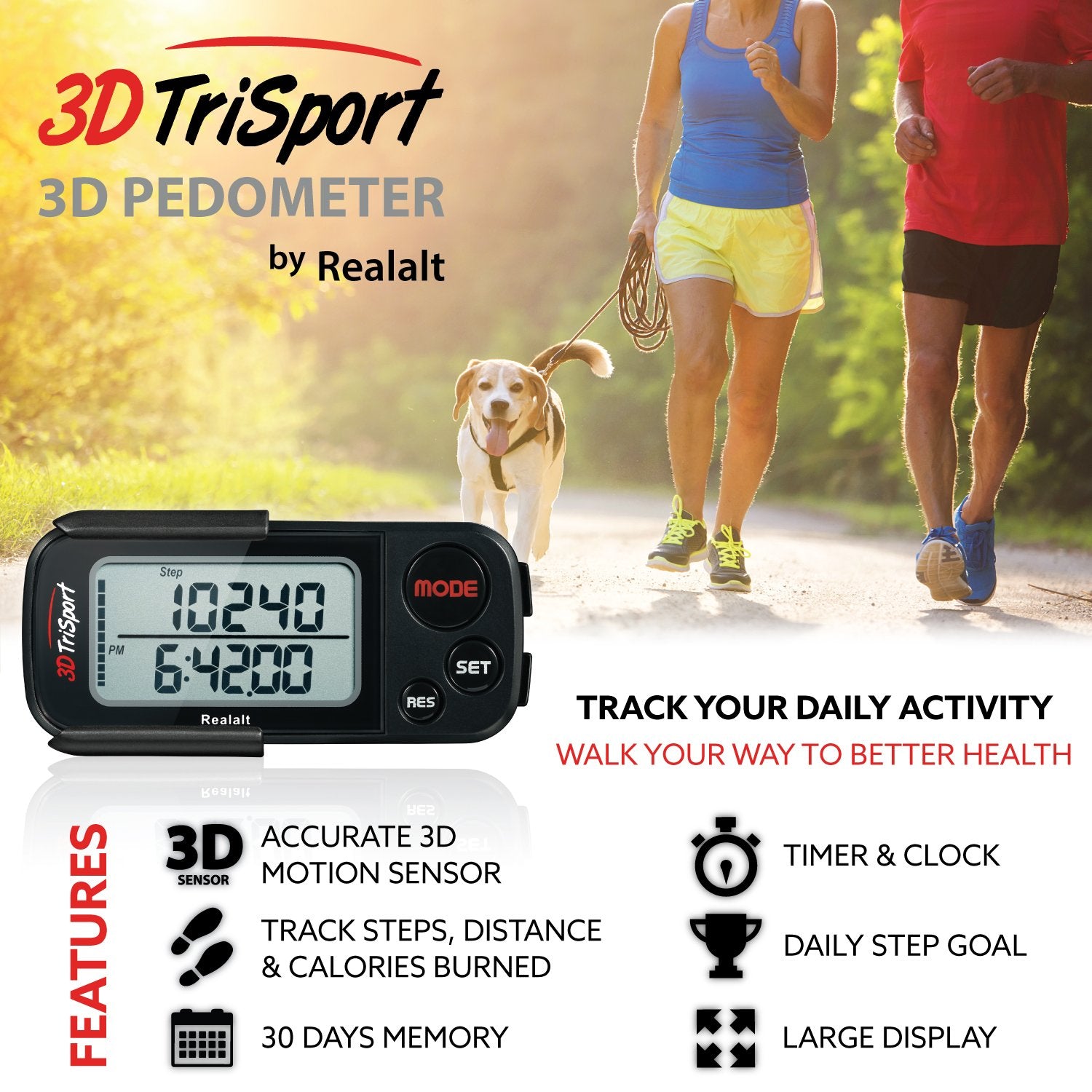 Realalt pedometer with clip and lanyard demonstrating flexible carry options