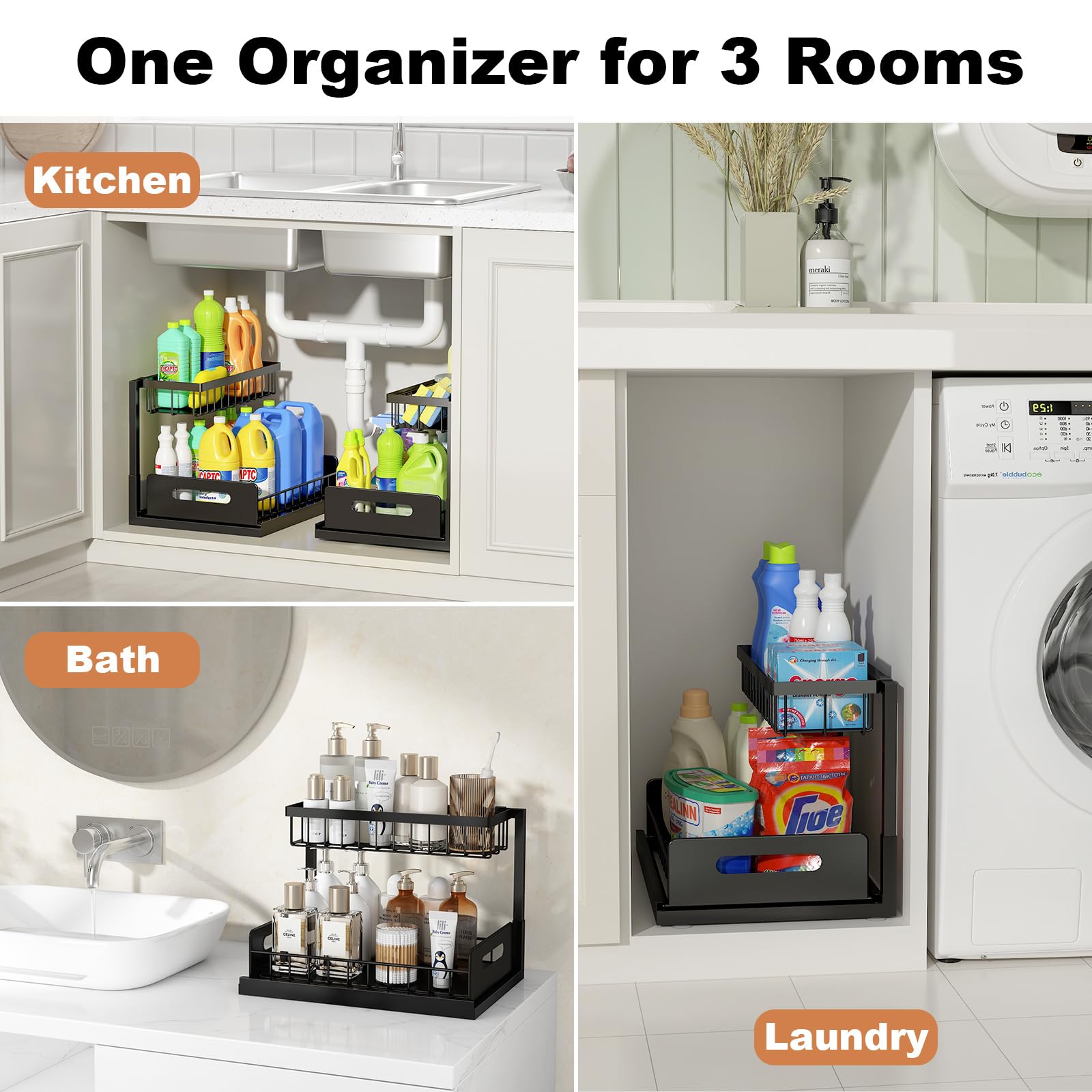 REALINN installed inside kitchen cabinet organizing cleaning supplies and tools