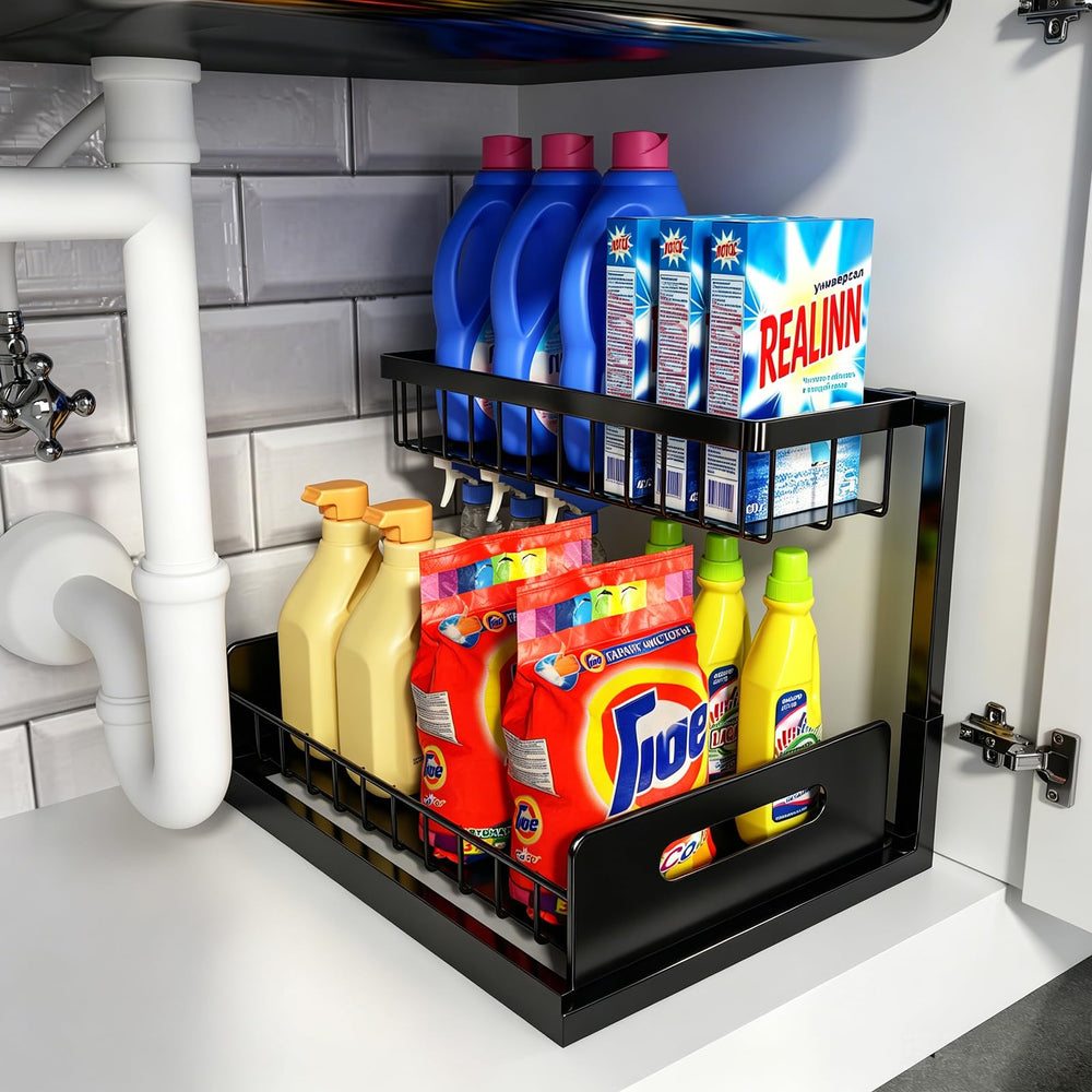 REALINN front view showing full L-shaped under sink organizer and tidy bottles