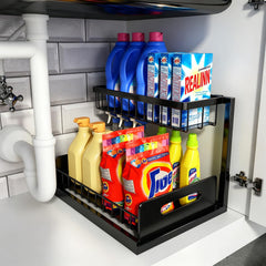 REALINN front view showing full L-shaped under sink organizer and tidy bottles