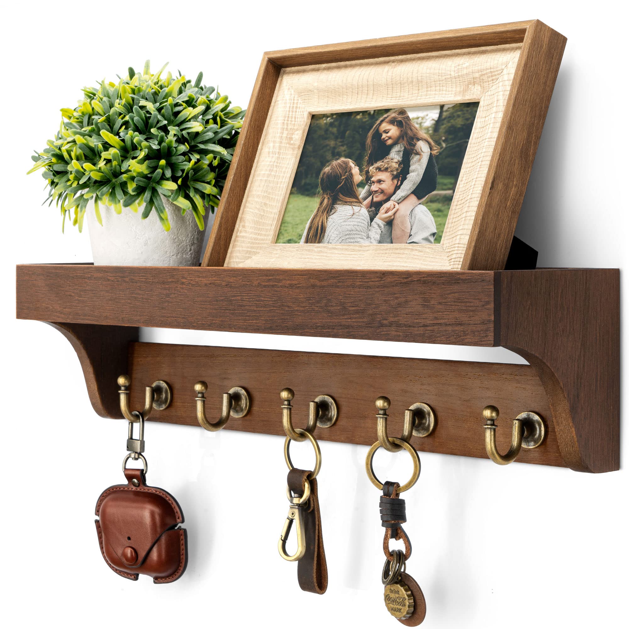 Rebee Vision front view of retro brown shelf showing five hooks and top ledge for tidy entryway