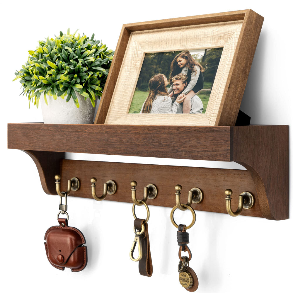 Rebee Vision front view of retro brown shelf showing five hooks and top ledge for tidy entryway