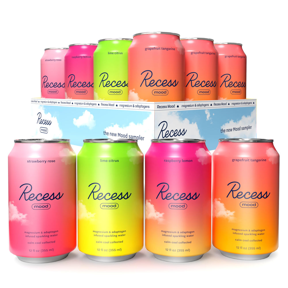Recess 12-pack front packaging showing variety assortment and calm branding benefits