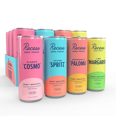 Recess sampler front packaging showing four mocktail varieties and benefits