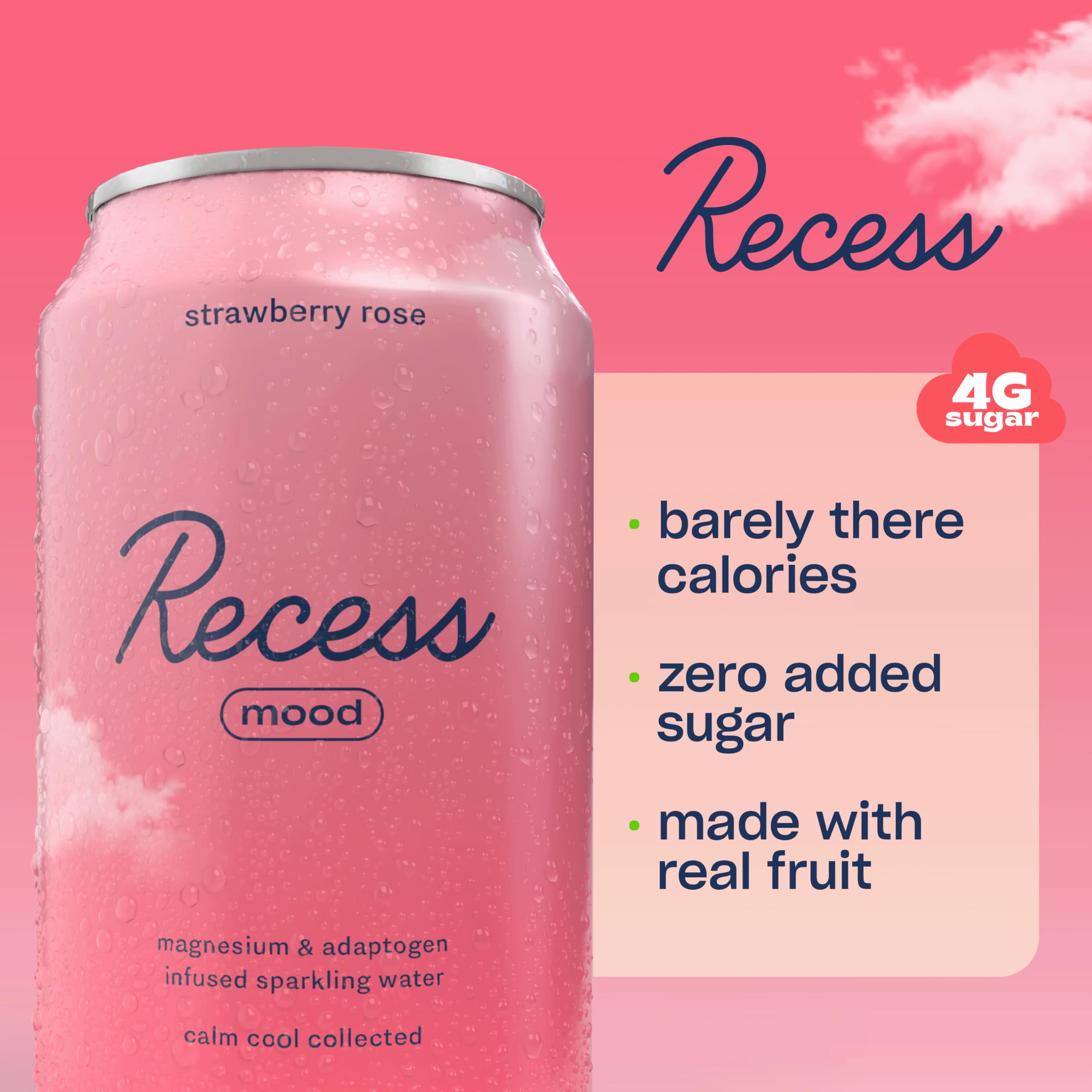 Recess single can closeup highlighting label and slim can benefit