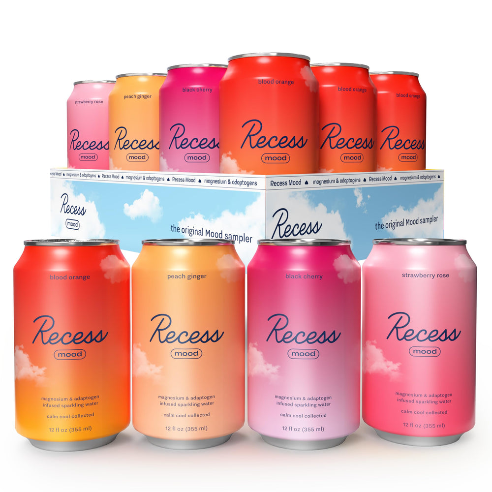 Recess variety pack front view showing all four flavors and calming design