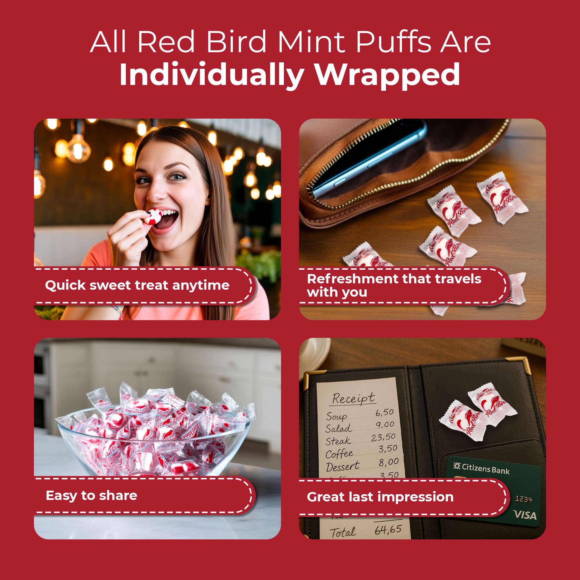 Red Bird close-up of soft peppermint puff texture emphasizing melt-away feel