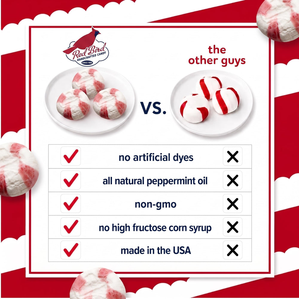Red Bird individually wrapped peppermint on tabletop, easy grab-and-go freshness