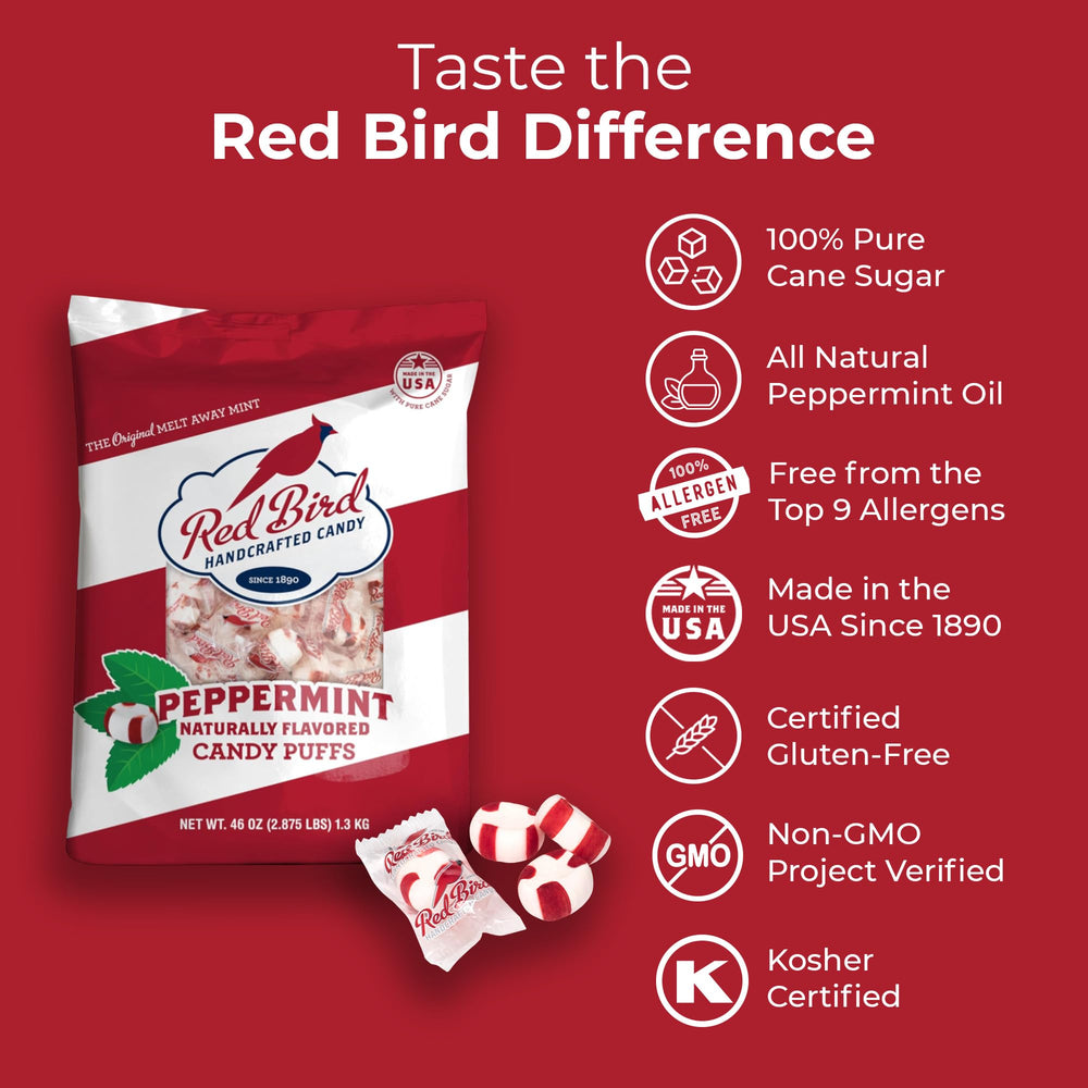 Red Bird individually wrapped peppermint puffs ready for sharing and freshness