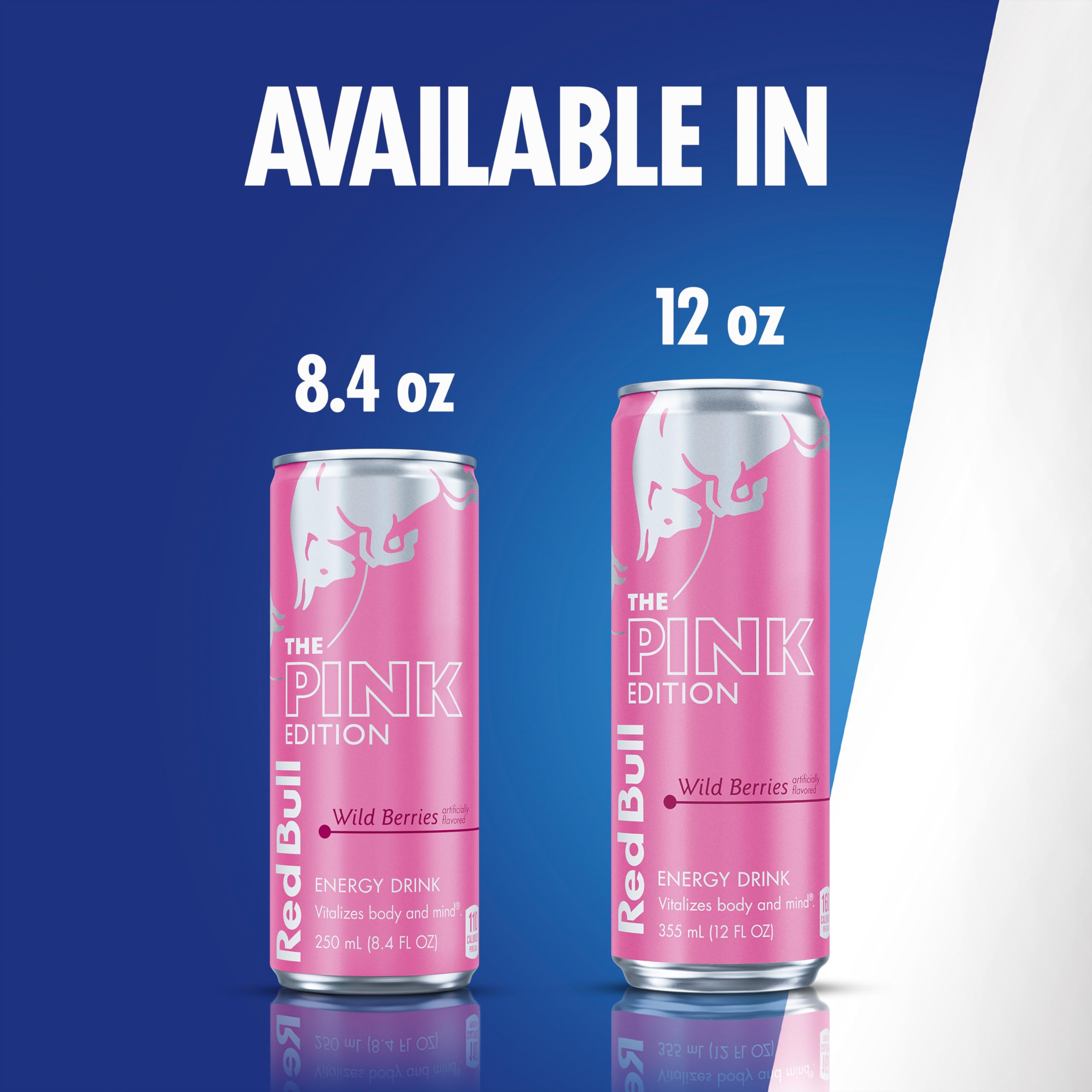 Stacked Red Bull Pink Edition cans beside a ruler showing size and portability of the 8.4 fl oz can