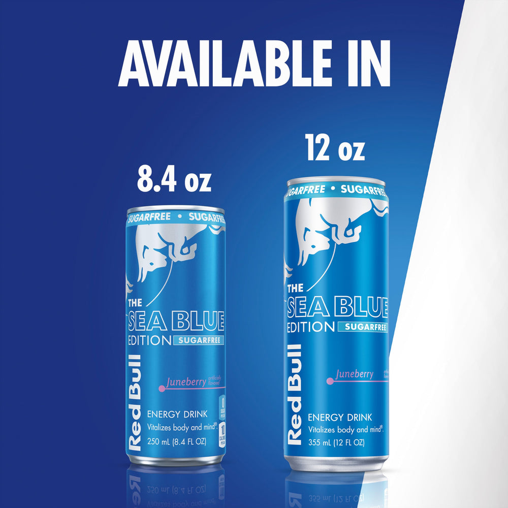 Recyclable Red Bull Sea Blue aluminum can promoting sustainable packaging