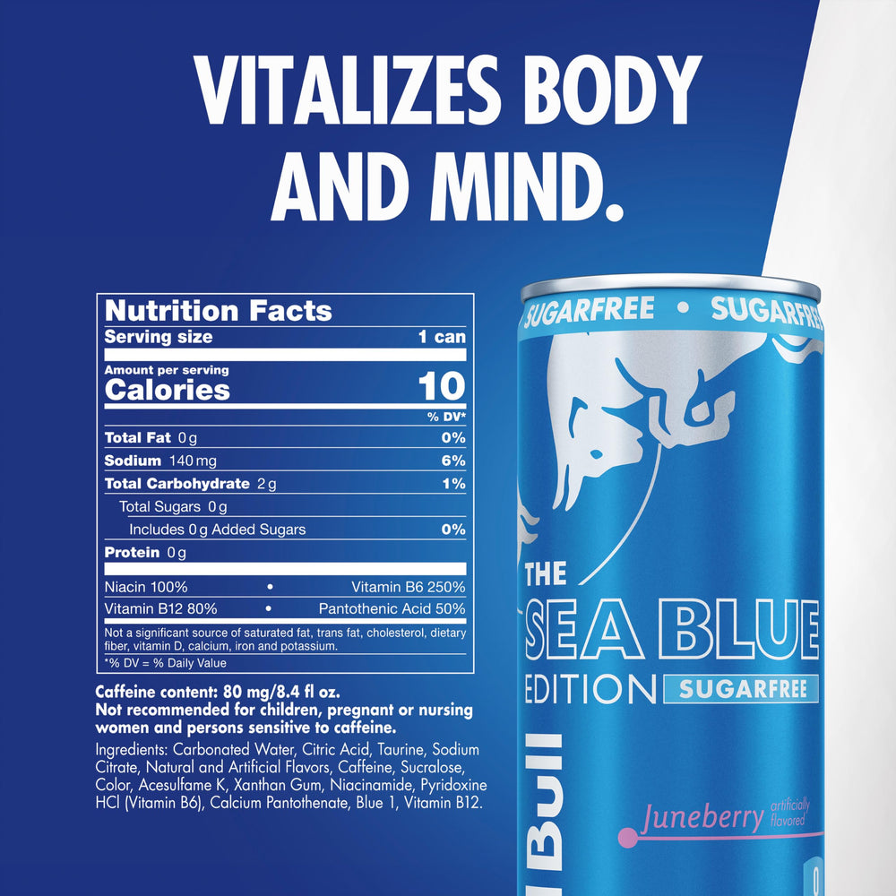 Red Bull Sea Blue side label highlighting sugarfree formula and benefits