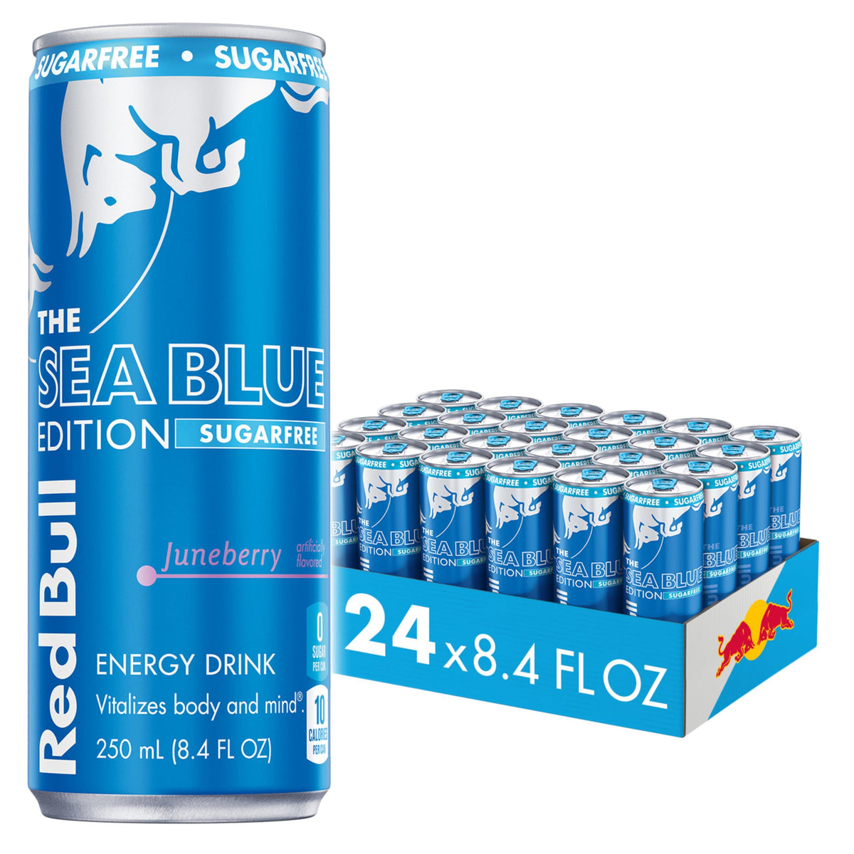 Red Bull Sea Blue front can showing Juneberry design and crisp refreshment