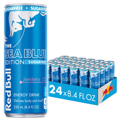 Red Bull Sea Blue front can showing Juneberry design and crisp refreshment