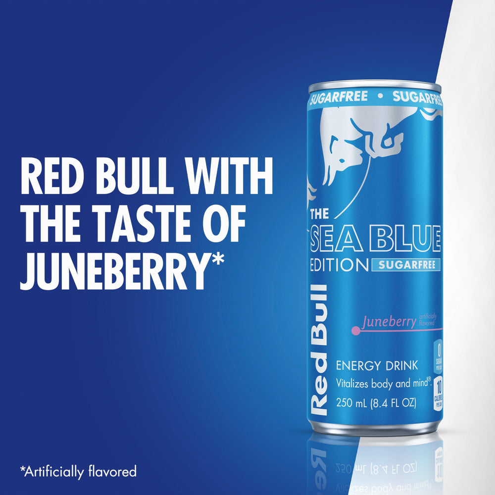 Red Bull Sea Blue ingredient panel view showing caffeine and B-vitamins
